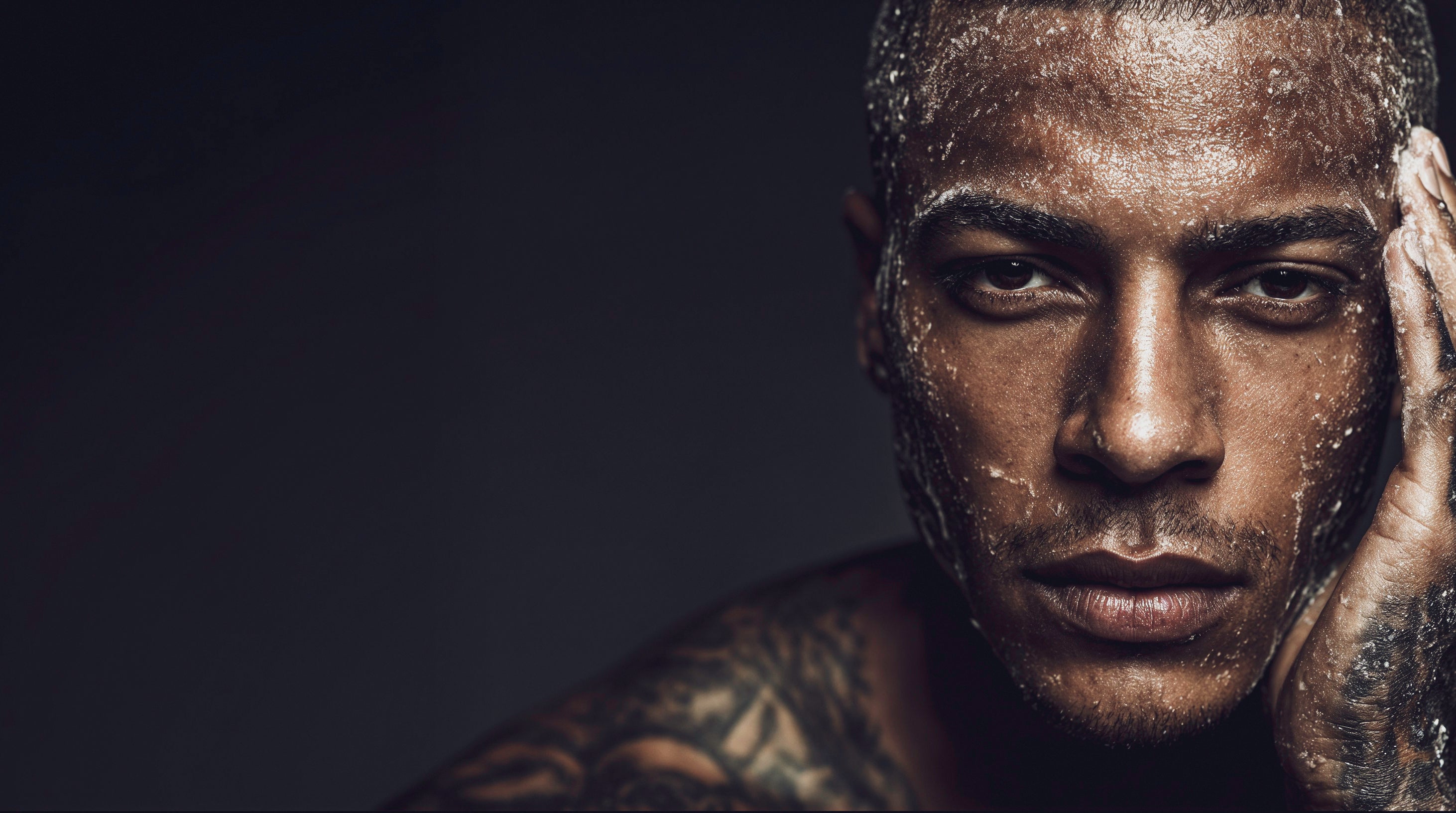 Man with tattoos on his arm against a dark background