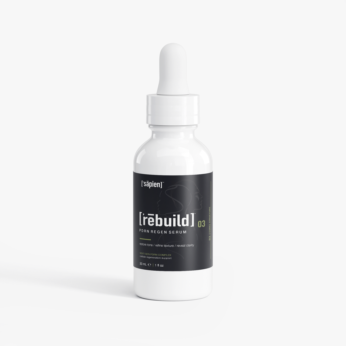 Skincare serum bottle labeled 'rebuild 03' on a white background