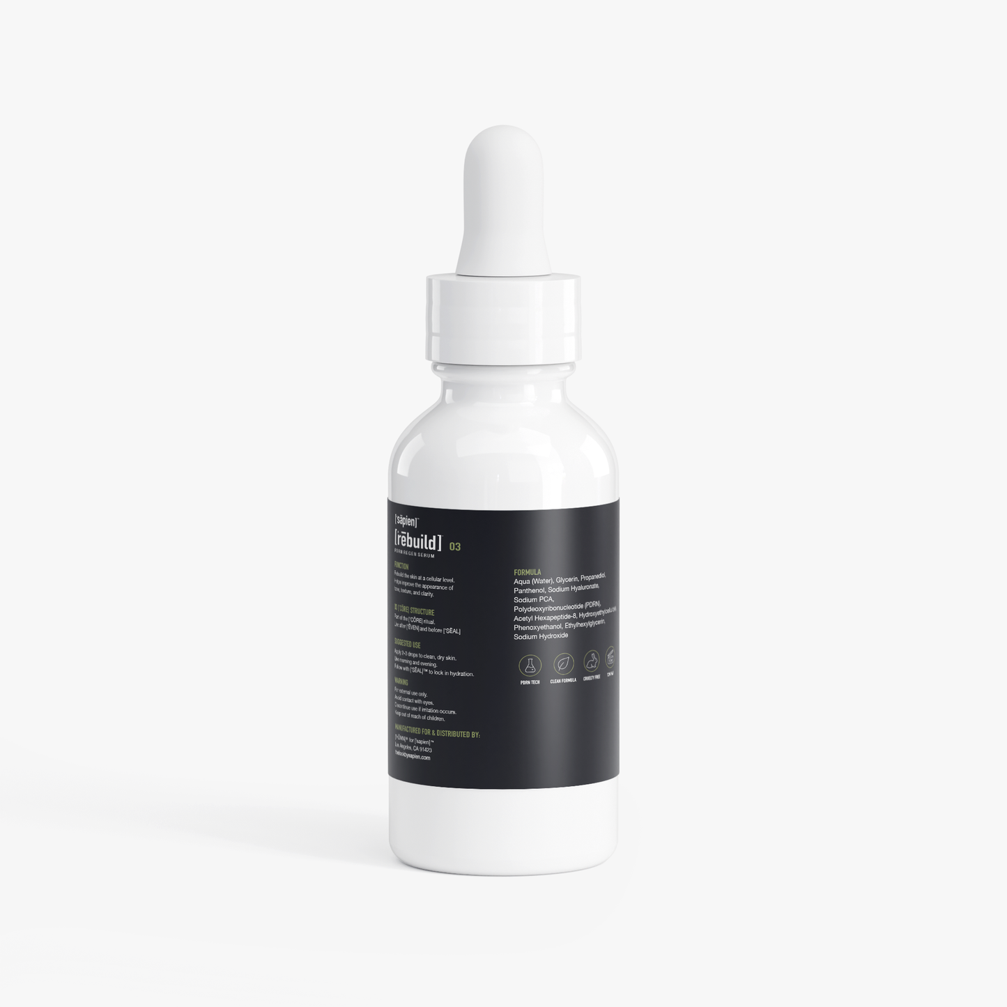 White dropper bottle with a black label on a white background